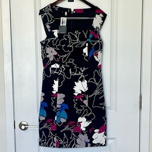 Revolve Cap-Sleeve Floral Midi Dress in Black with White, Blue & Magenta Accents